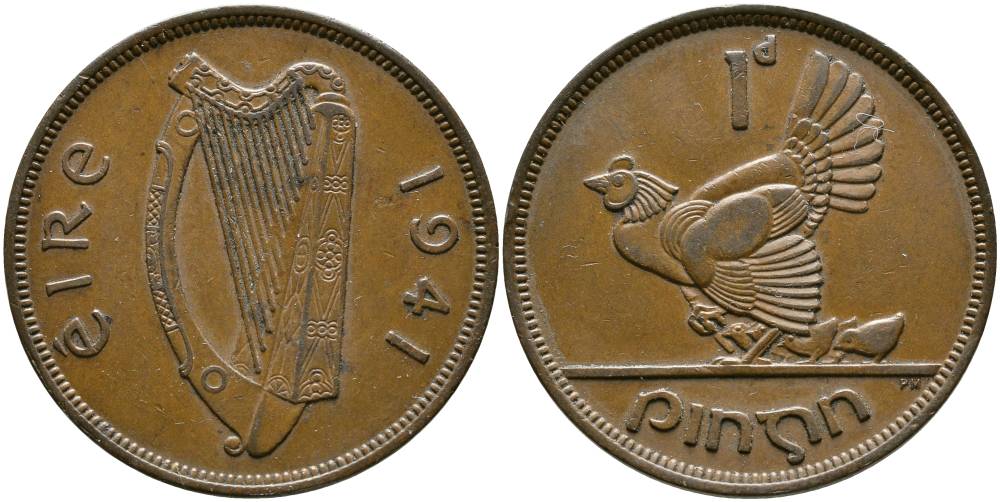 Ирландия 1 пенни 1941 курица с цыплятами KM 11 бронза 4531-631