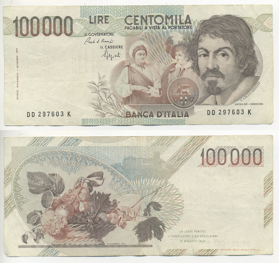 Италия 100000 лир 1983 Караваджо, фруктовый букет, подпись Speziali Pick 110b бумага 7220-11-2