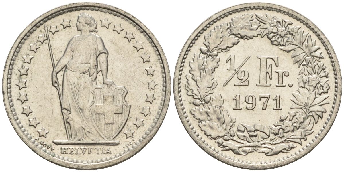 Швейцария 1/2 франка 1971 KM 23a медно-никель 4608-532
