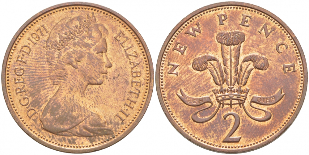 Великобритания 2 пенса 1971 Елизавета II (1952-2022) KM 916, Spink 4235 (C1) бронза 212-1251