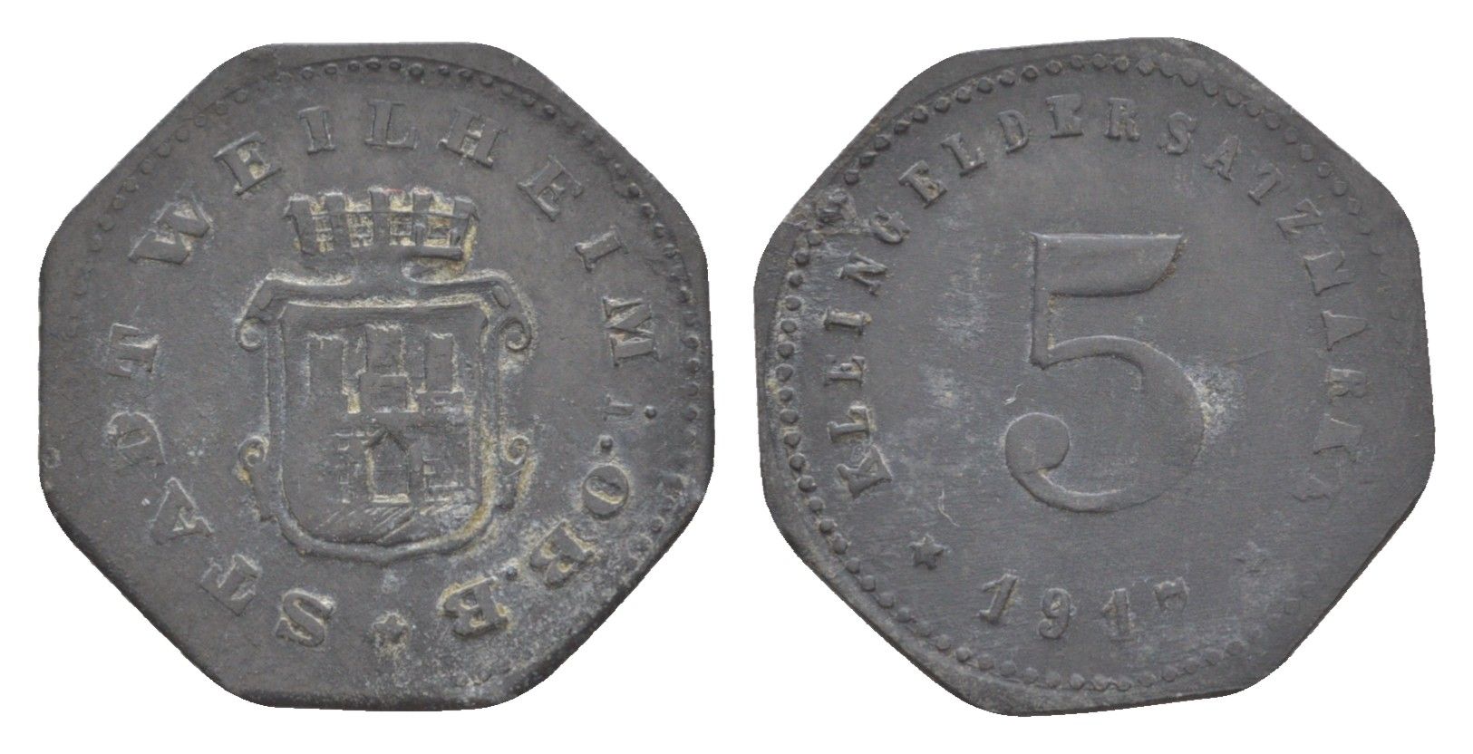 Вайльхайм 5 пфеннигов 1917 Funck 585.1, Men18 33057.1 цинк 4636-1037