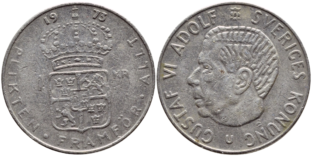 Швеция 1 крона 1973 Густав VI Адольф (1950-1973) KM 826а медь плакированная медно-никелем 4395-246