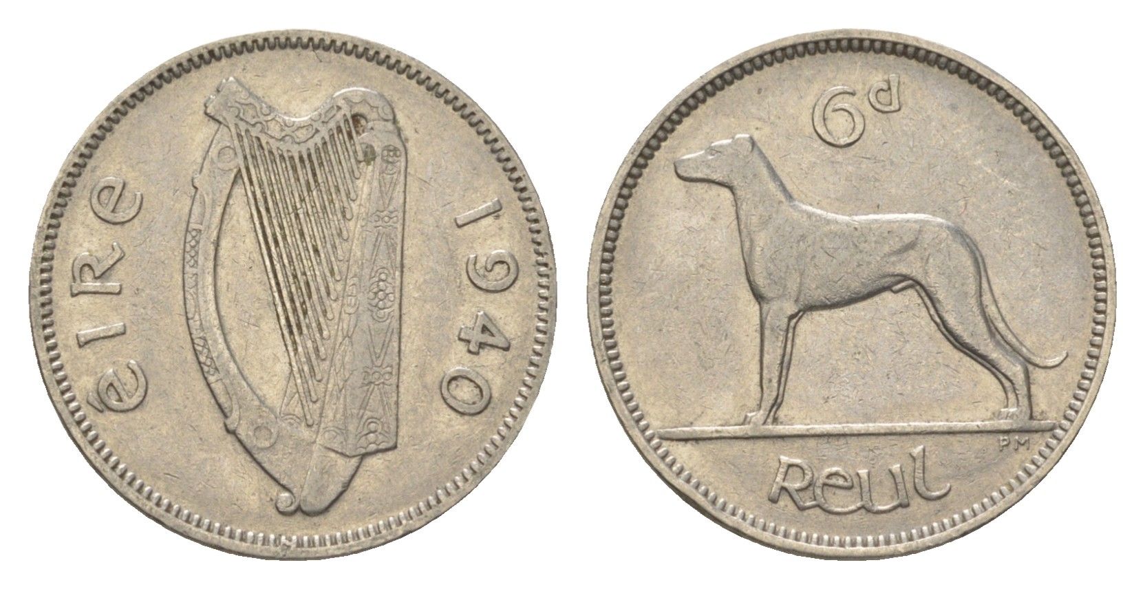 Ирландия 6 пенсов 1940 волкодав KM 13 никель 4623-636