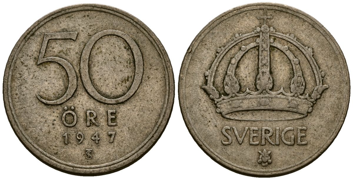 Швеция 50 эре 1947 Густав V (1907-1950) KM 817 серебро 4177-927