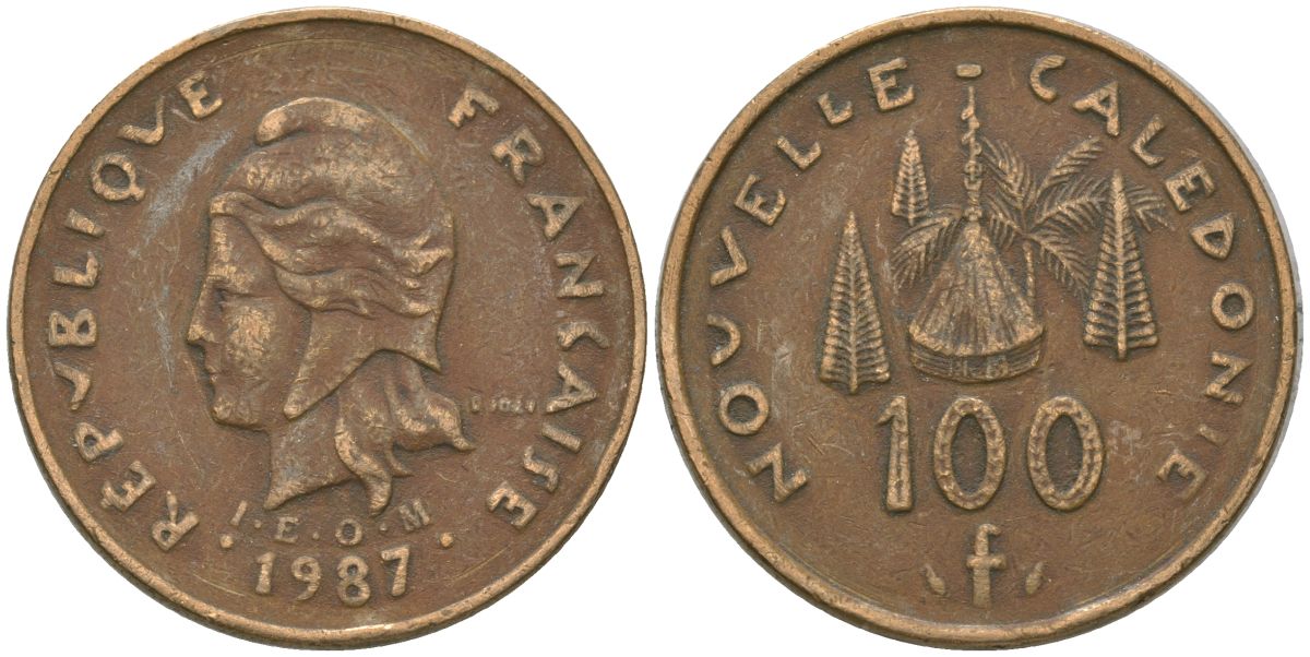 Французская Новая Каледония 100 франков 1987 хижина среди сосен и пальм, (IEOM) KM 15, Schoen 16, Lec 135 никель латунь 4137-946