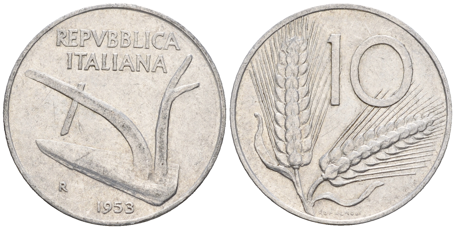 Италия 10 лир 1953 R, плуг, колосья KM 93 алюминий 259-124