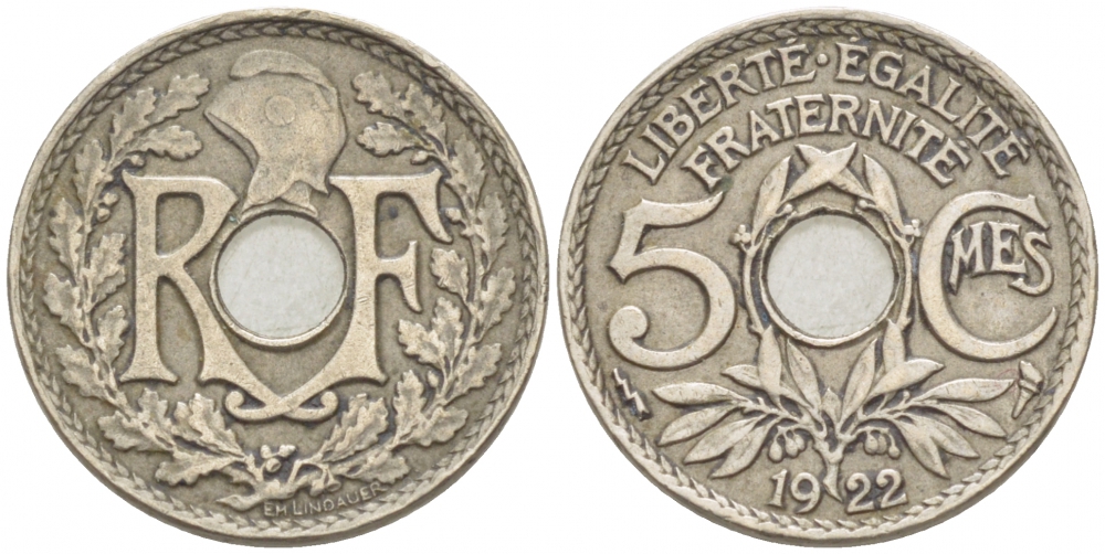 ФРАНЦИЯ 5 САНТИМОВ 1922 tb, ТИП ЛИНДАЙЁ, МОНЕТНЫЙ ДВОР ПУАССИ, МОЛНИЯ KM 875 медно-никель 3309-1011