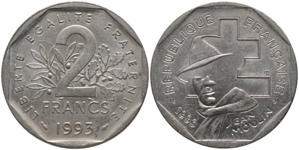 Франция 2 франка 1993 Жан Мулен, 50 лет Национальному движению сопротивления KM 1062, Le Franc 273.2 никель 181-446