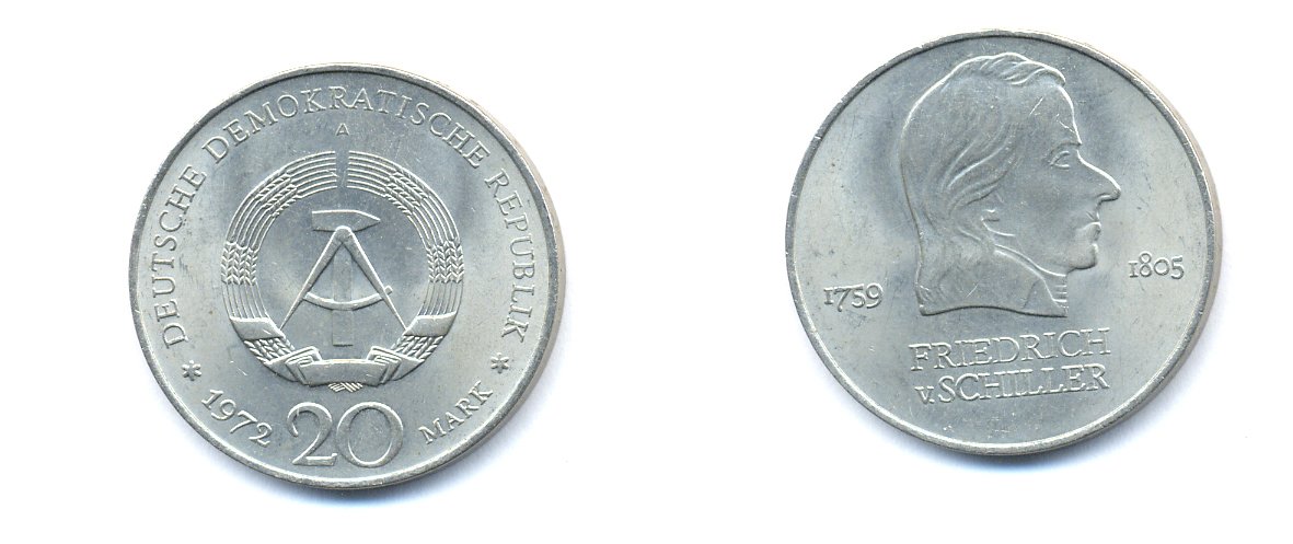 ГДР 20 марок 1972 А, Фридрих Шиллер (1759-1805) KM 40 медно-никель 3333-813