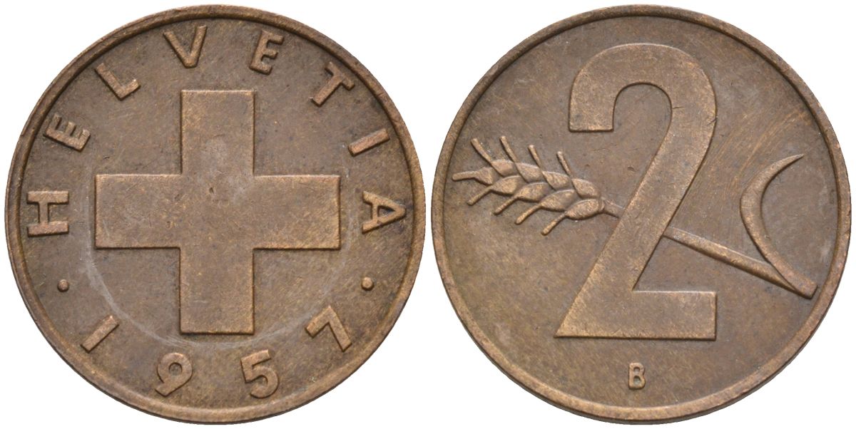 Швейцария 2 раппена 1957 В KM 47 бронза 4591-1135