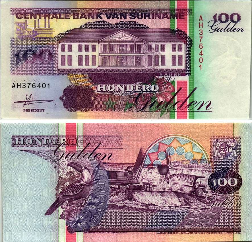 Суринам 100 гульденов 1991 здание Центрального банка, тукан, экскаватор, самосвал Pick 139а бумага UNC (пресс) 7220-52-2-1