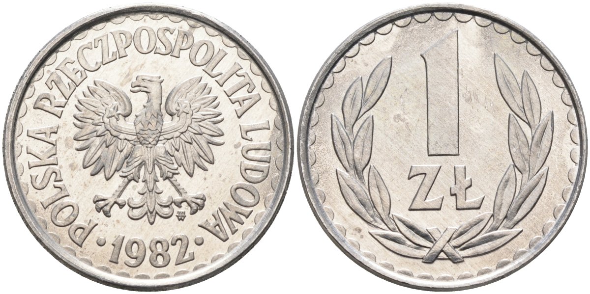 Польша 1 злотый 1982 MW, Народная Республика KM 49.1, Parchimowicz 213u алюминий UNC 4182-1052