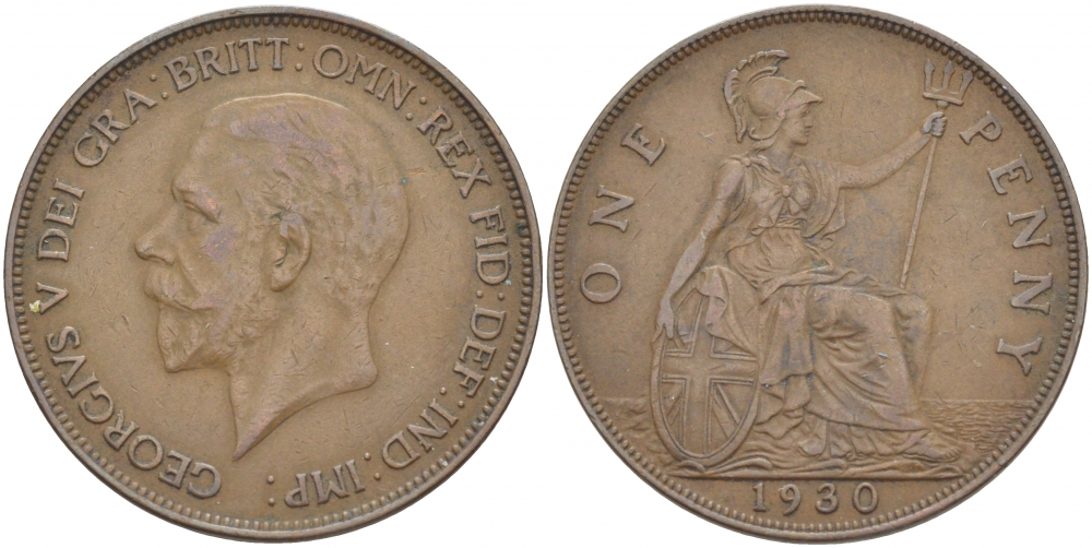 Великобритания 1 пенни 1930 Георг V (1910-1936) КМ 838, Spink 4055 бронза 4545-212