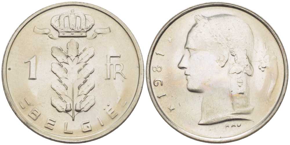 БЕЛЬГИЯ 1 ФРАНК 1981 BELGIE, БОДУЭН I (1951-1993) KM 143.1 медно-никель UNC 213-412