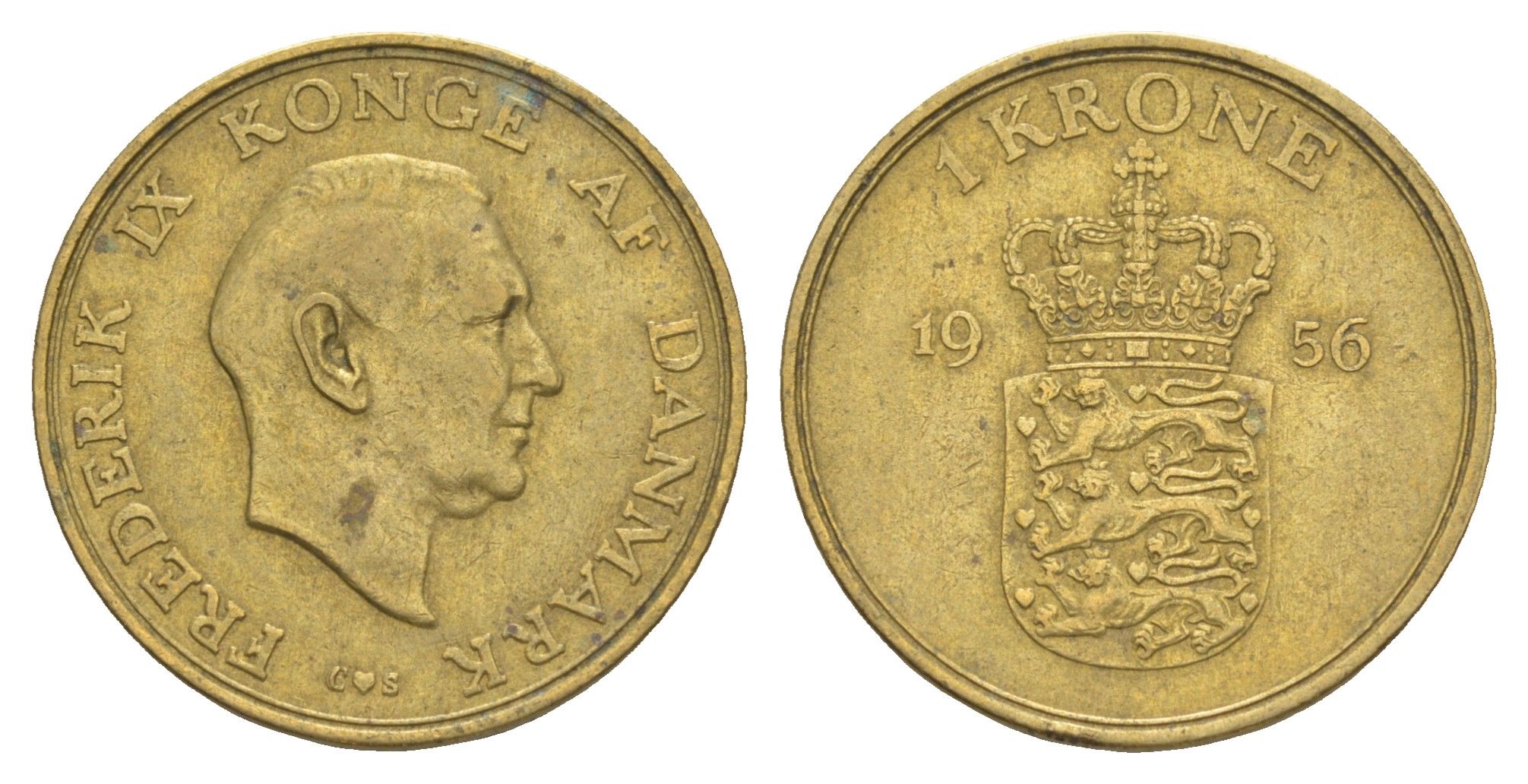 Дания 1 крона 1956 C, Фредерик IX (1947-1972) KM 837 алюминиевая бронза 4638-734