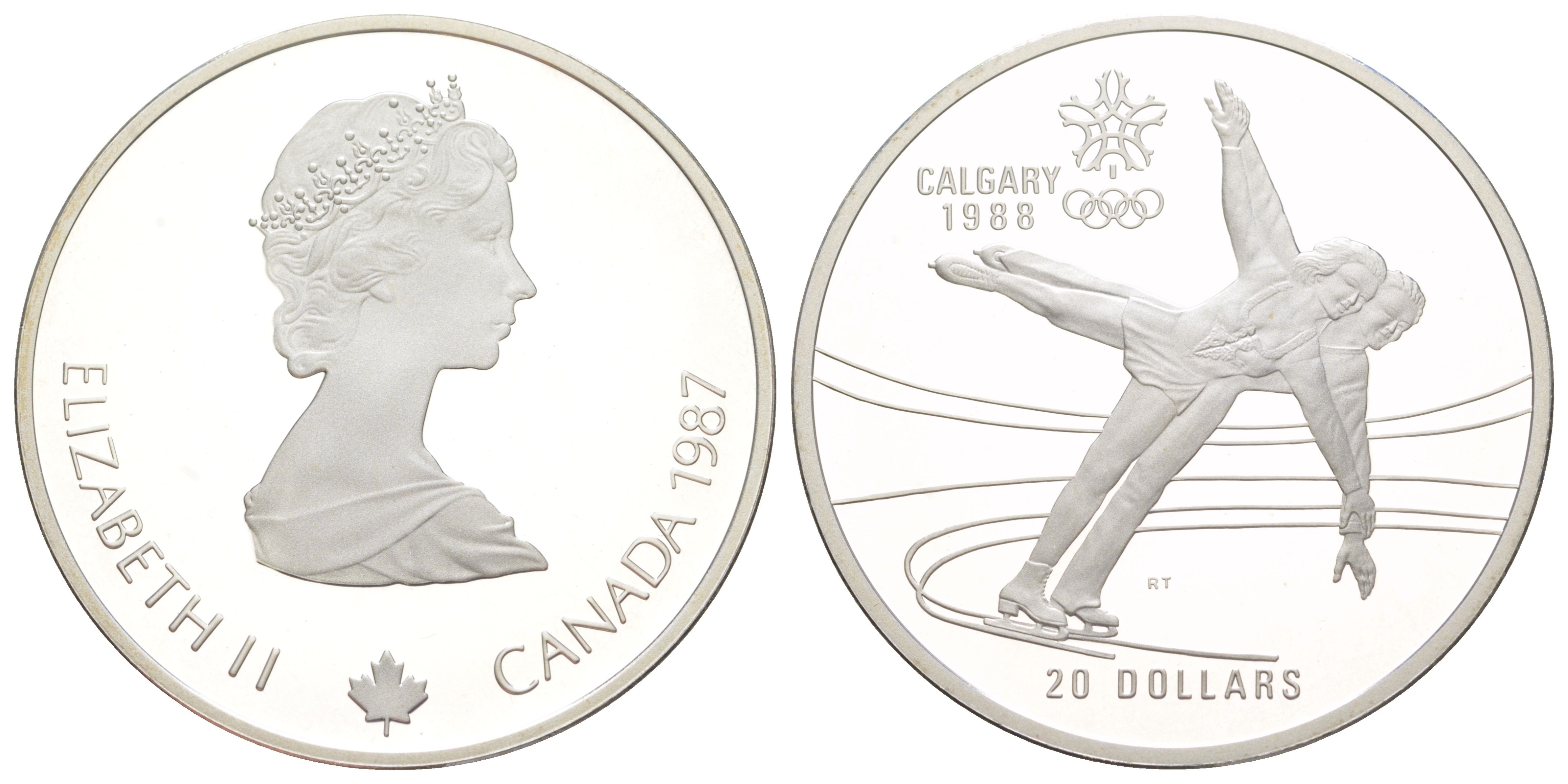 Канада 20 долларов 1987 XV зимние Олимпийские Игры, Калгари 1988 - Фигурное катание, в оригинальной упаковке, с сертификатом KM 155 серебро PROOF 8-2-01-62
