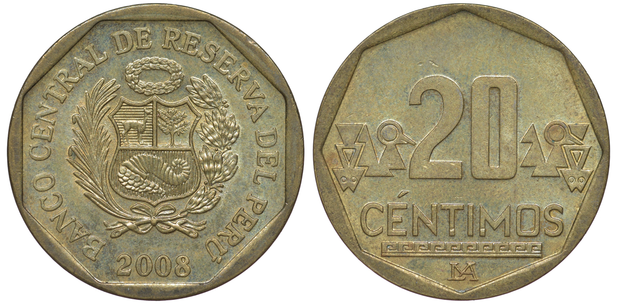 Перу 20 сентимо 2008 KM 306.4 латунь aUNC 4605-514