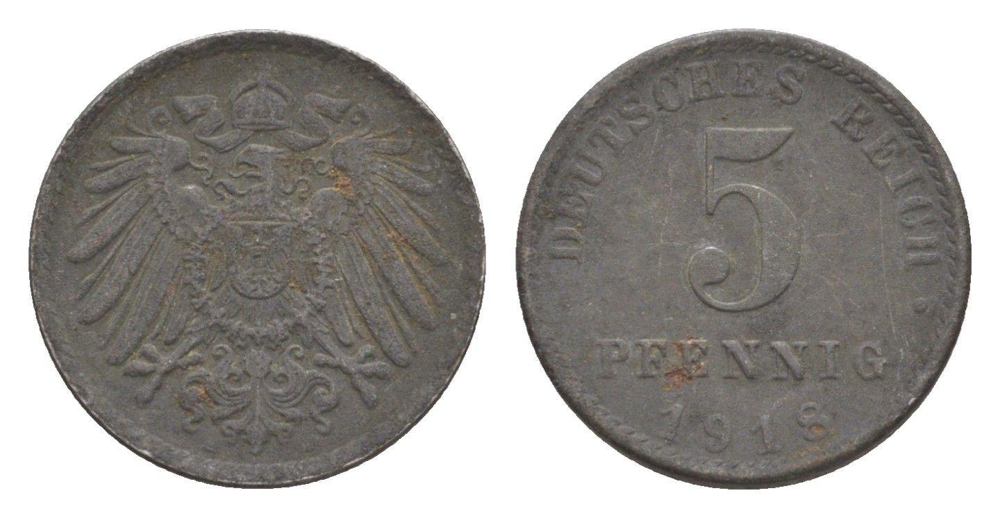 Германия 5 пфеннигов 1918 Вильгельм II (1888-1918) KM 19, J. 297, Weege 5 железо плакированное цинком 4640-163