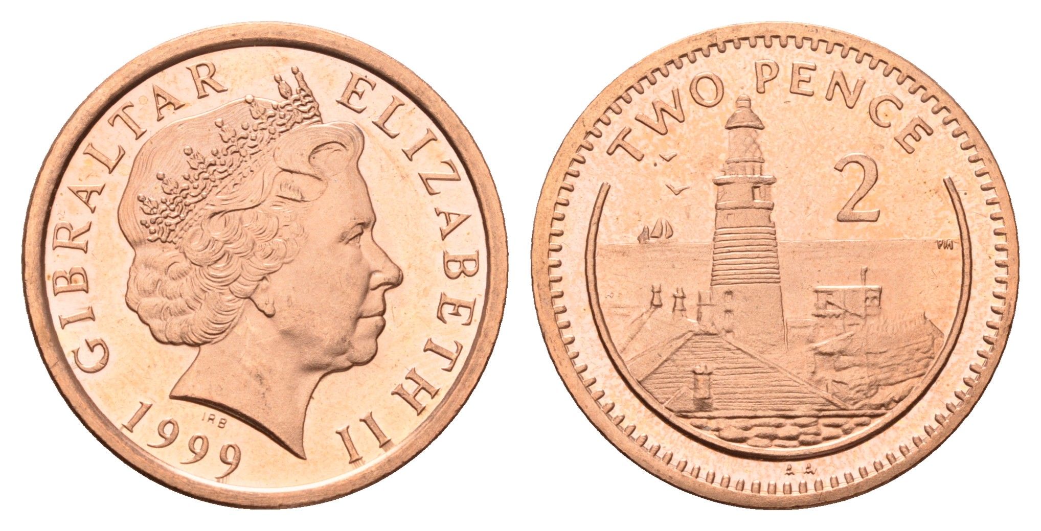 Гибралтар 2 пенса 1999 KM 774 сталь плакированная медью UNC 4119-311