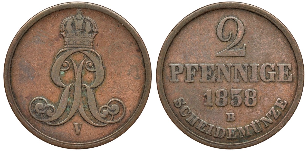 Брауншвейг-Каленберг-Ганновер 2 пфеннига 1858 B, Георг V (1851-1866) KM 234,aKS 153, J. 91 медь 4142-415