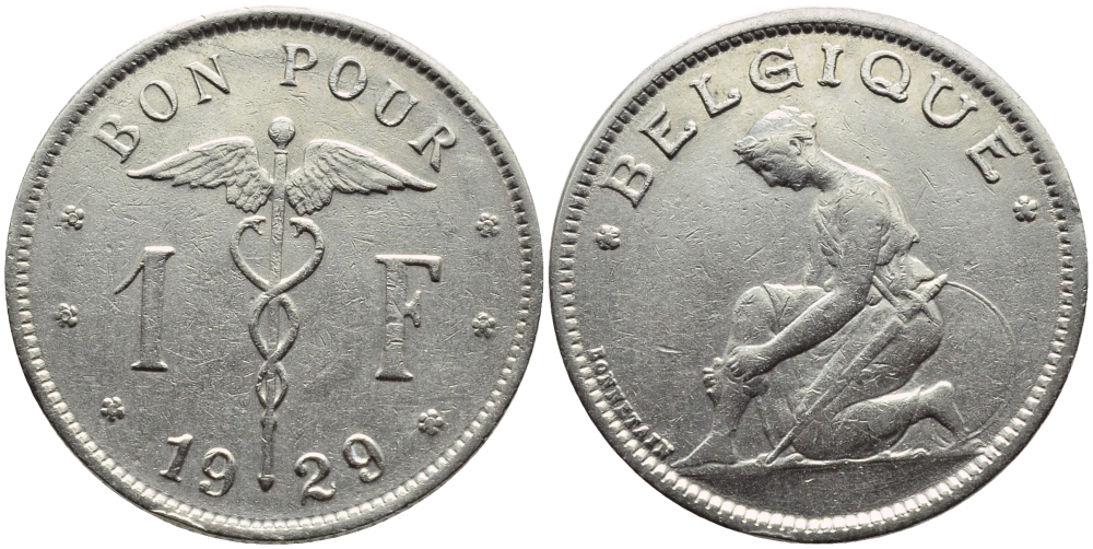 БЕЛЬГИЯ 1 ФРАНК 1929 BELGIQUE KM 89 никель 23-947