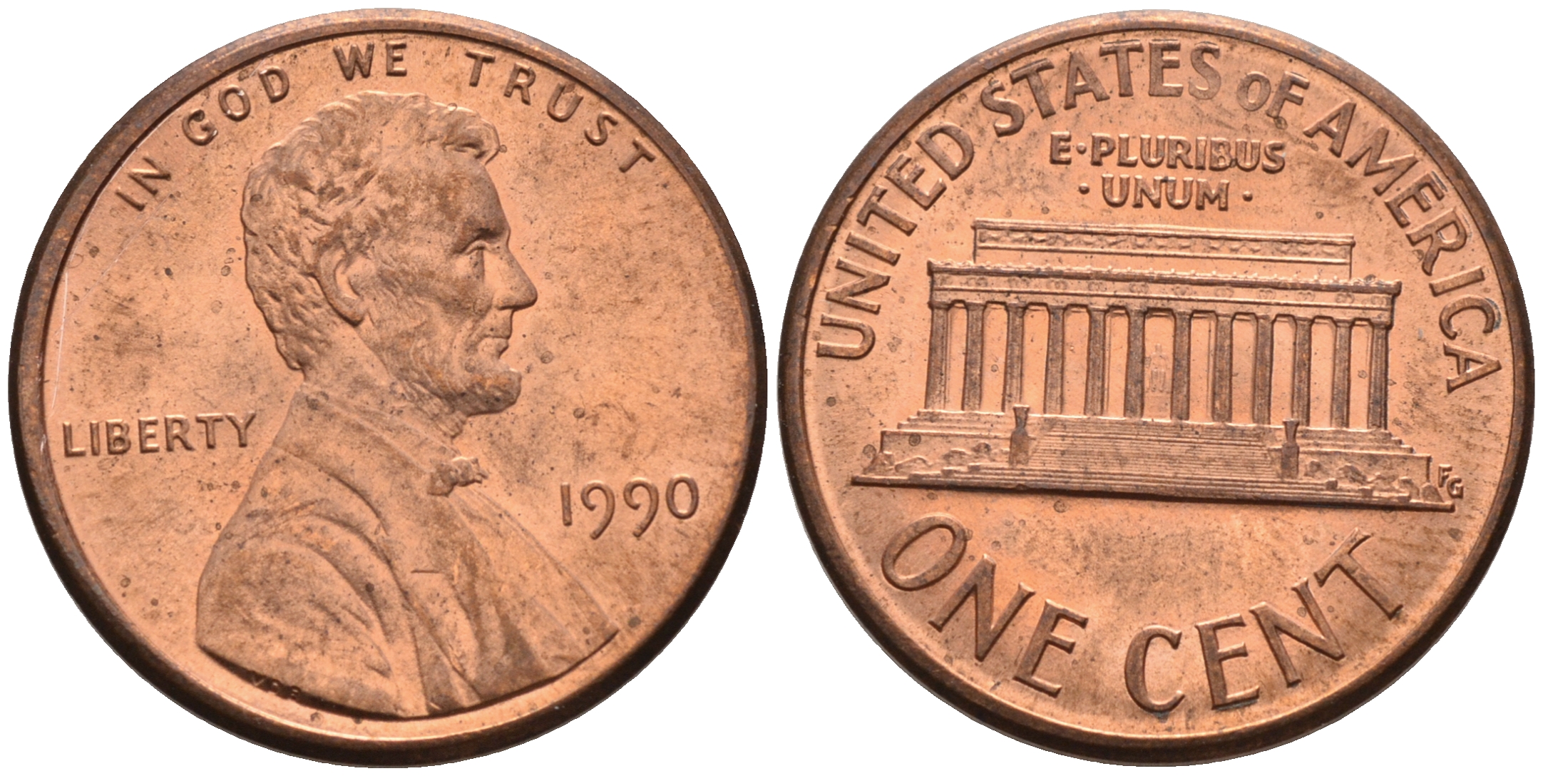 США 1 ЦЕНТ 1990 ЛИНКОЛЬН KM 201b цинк плакированный медью UNC 4588-362