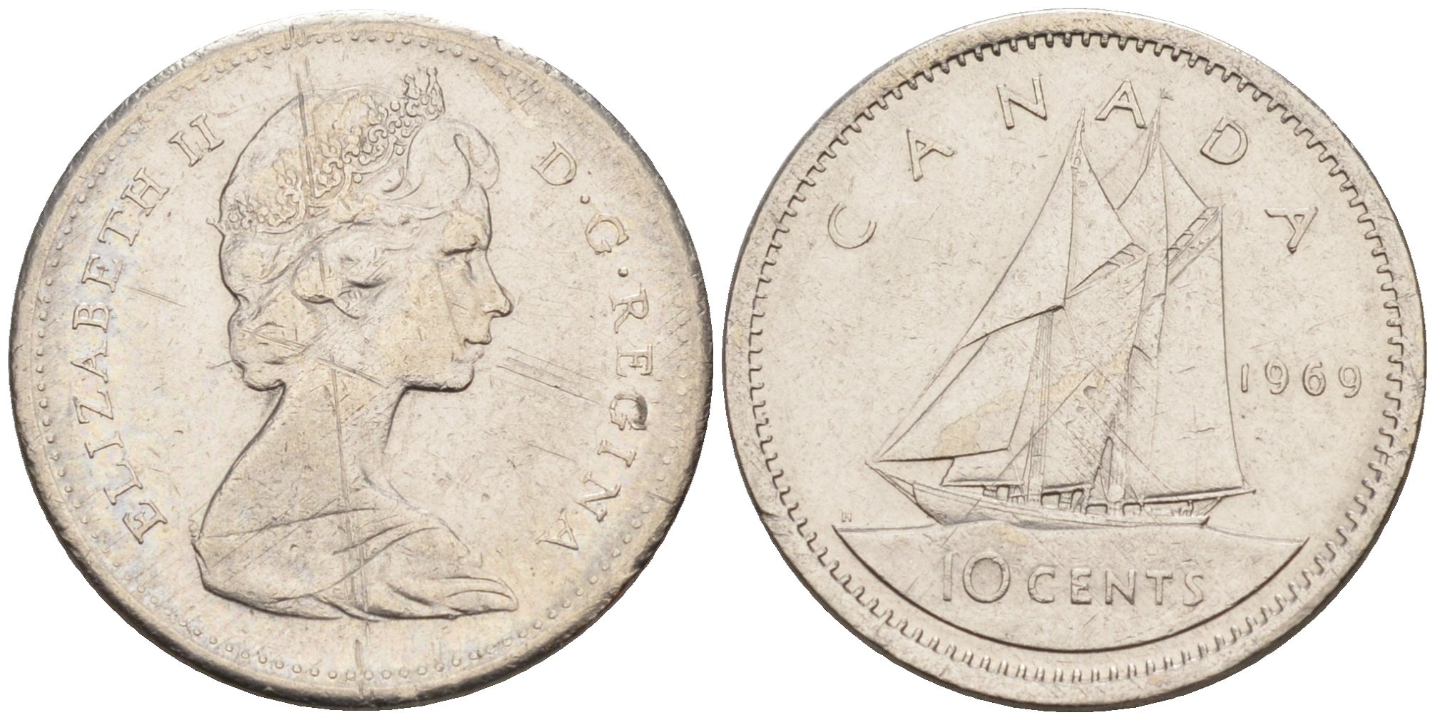 Канада 10 центов 1969 парусник KM 77.1 никель    4115-263