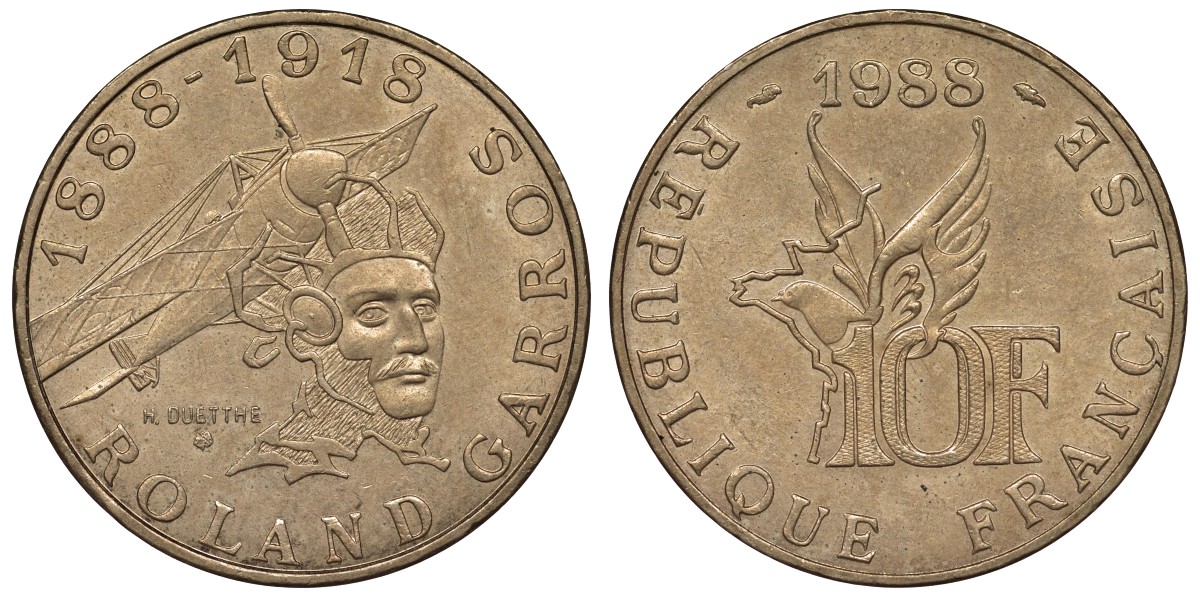 Франция 10 франков 1988 100 лет со дня рождения Ролан Гарроса (1888-1918) KM 965, Le Franc 372.3 алюминиевая бронза 4123-634