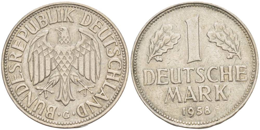 ФРГ 1 МАРКА 1958 G KM 110, J. 385 медно-никель 4551-1235