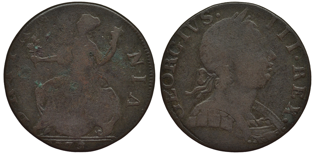 Великобритания 1/2 пенни 1772 Георг III (1760-1820) KM 601, Spink 3774 медь 106-751