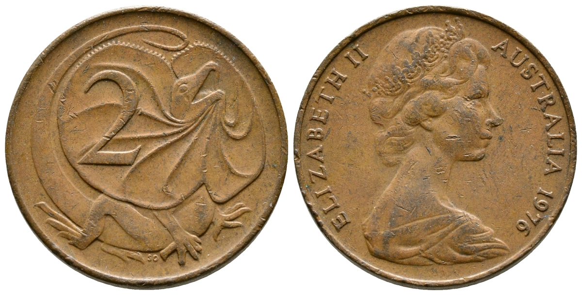Австралия 2 цента 1976 Елизавета II (1952-2022), плащеносная ящерица (FRILLED LIZARD)  KM 63 бронза 23-1333