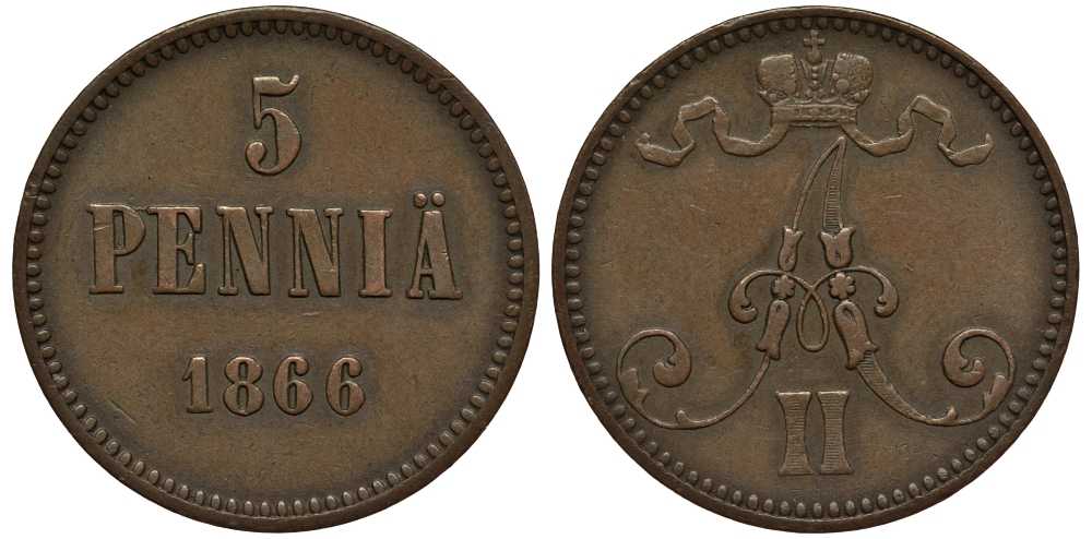 РОССИЯ ДЛЯ ФИНЛЯНДИИ 5 ПЕННИ 1866 АЛЕКСАНДР II Биткин 658 медь 1515-233