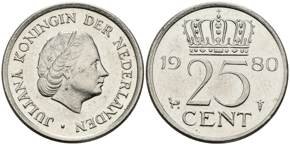 НИДЕРЛАНДЫ 25 ЦЕНТОВ 1980 ЮЛИАНА KM 183 никель 96-259