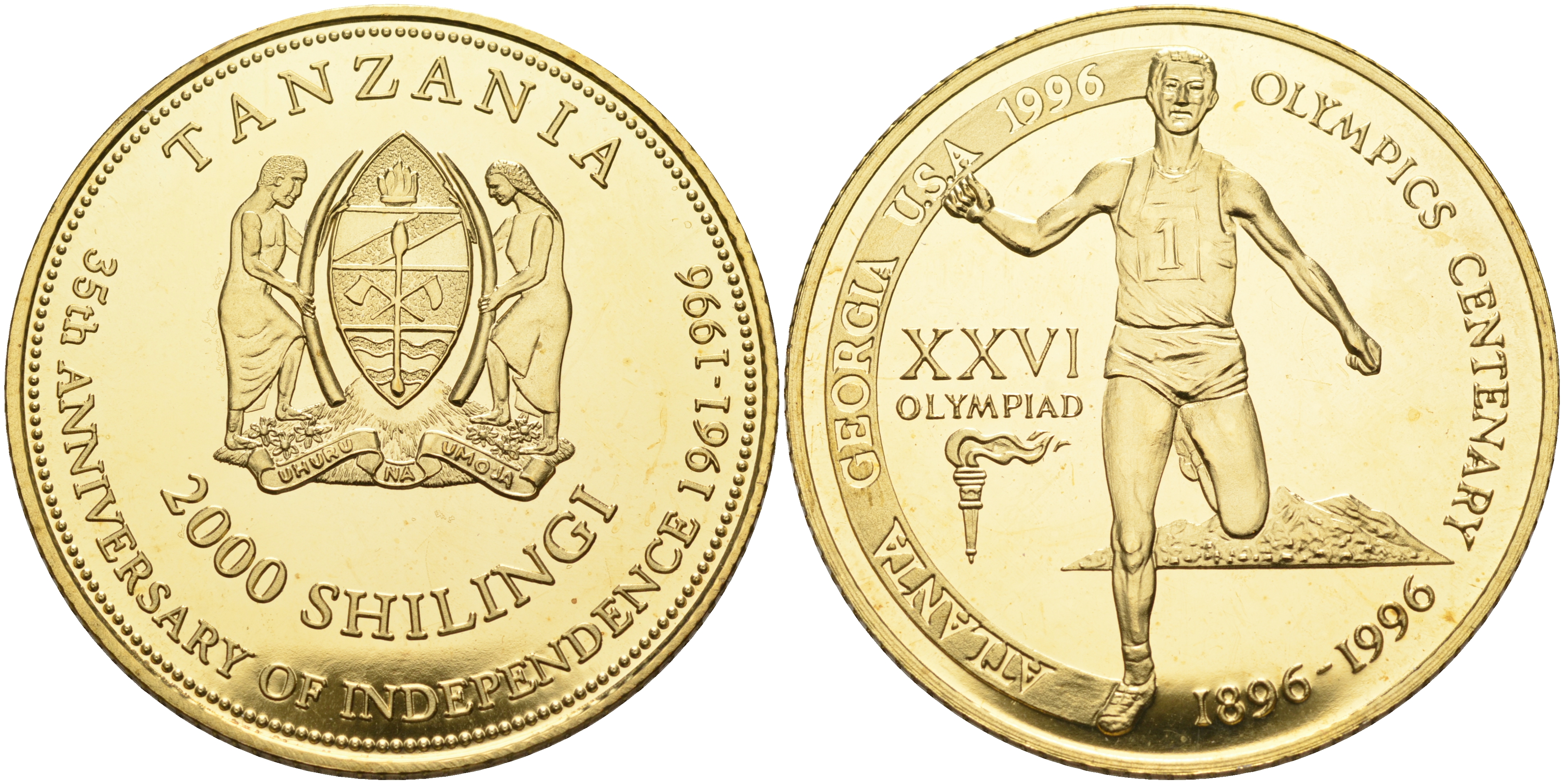 Танзания 2000 шиллингов 1996 XXVI Олимпийские игры 1996 года в Атланте, 100 лет Олимпийскому движению, финиш пробник, рубчатый гурт латунь PROOF 06-156-23