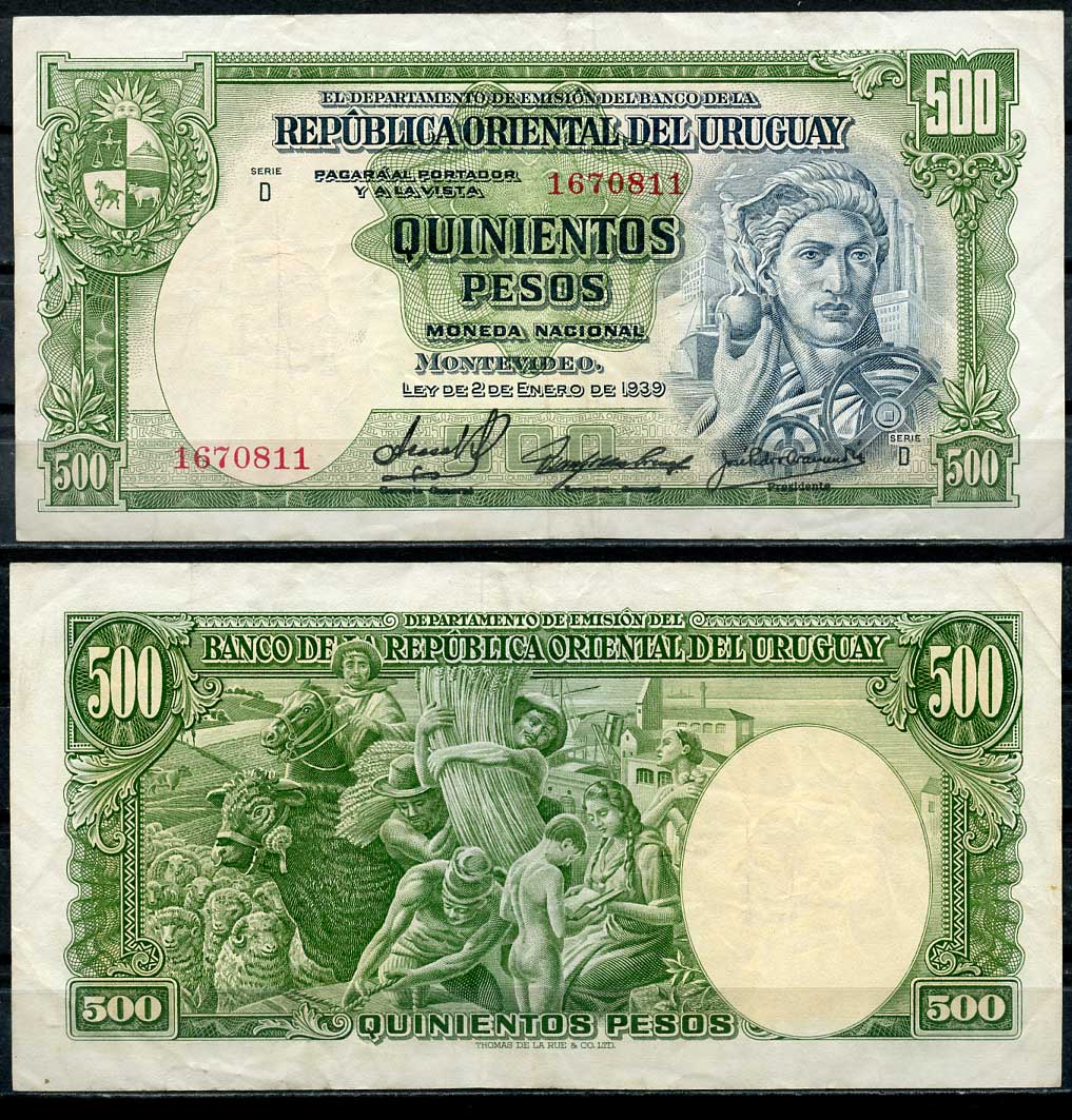 Уругвай 500 песо 1939 индустрия, фермеры, серия D Pick 40 c  бумага   451-1-1