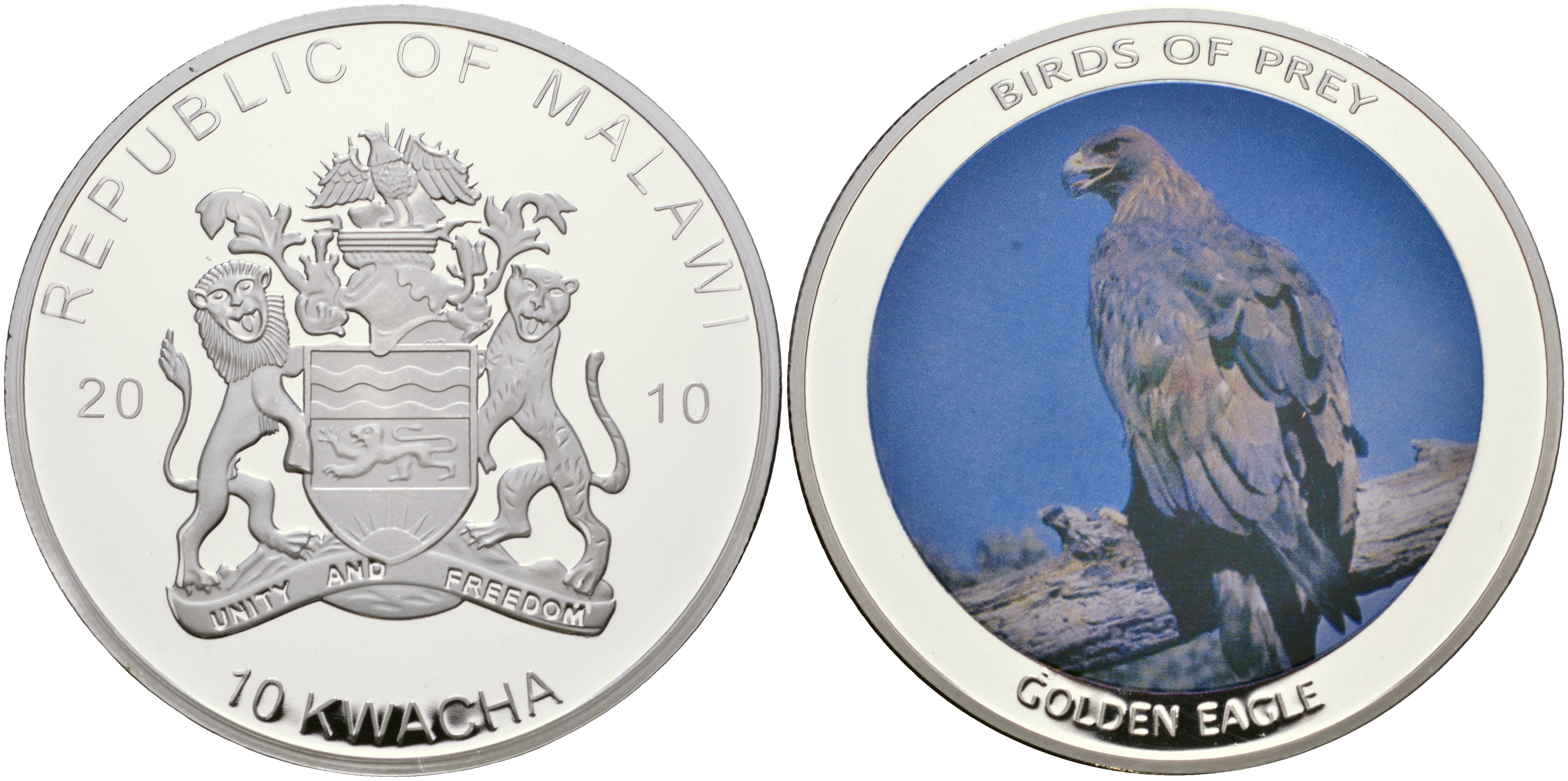 Малави 10 квача 2010 хищные птицы, беркут, цветная эмаль, диаметр 50 мм PROOF 05-089-13