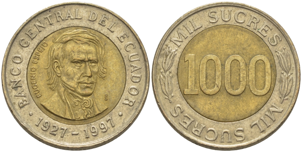 ЭКВАДОР 1000 СУКРЕ 1997 ЭУХЕНИО ЭСПЕХО, 70 ЛЕТ ЦЕНТРАЛЬНОМУ БАНКУ KM 103 биметалл 31-447