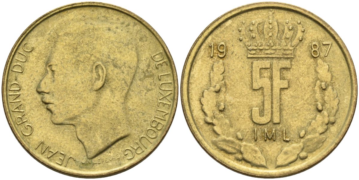 Люксембург 5 франков 1987 Великий герцог Жан (1964-1999) KM 60 алюминиевая бронза 4150-931