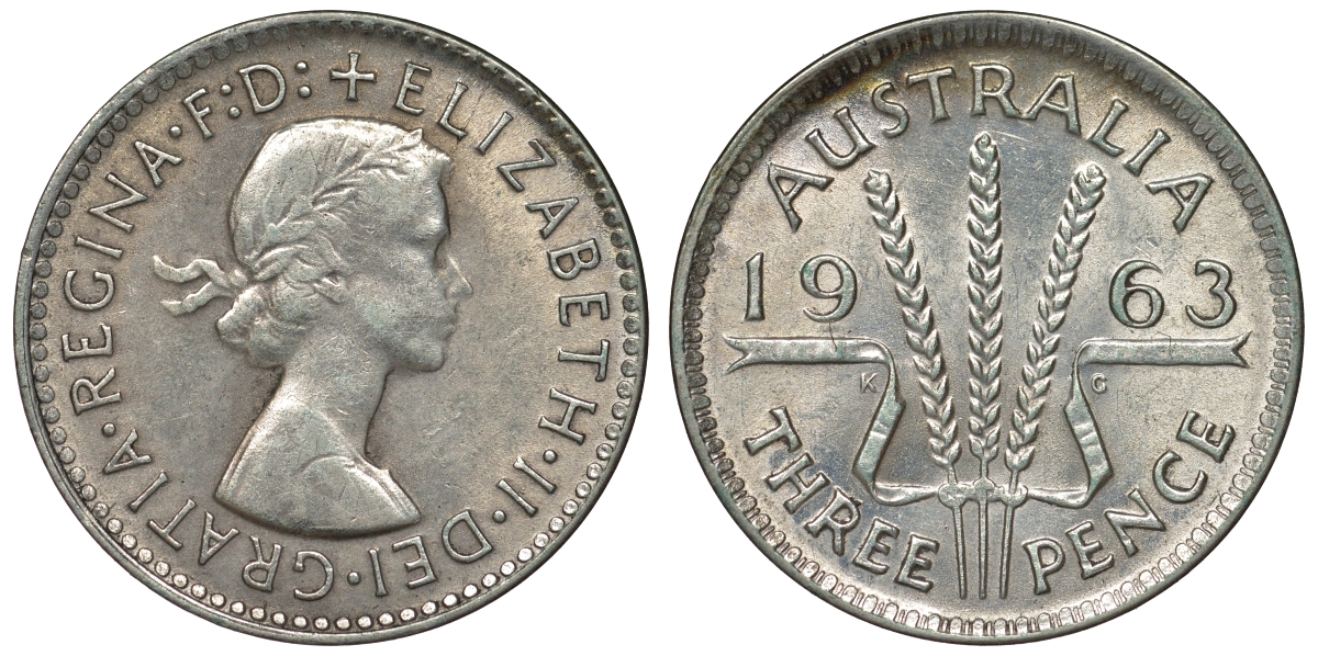 Австралия 3 пенса 1963 m, Елизавета II (1952-2022) KM 57 серебро 71-848