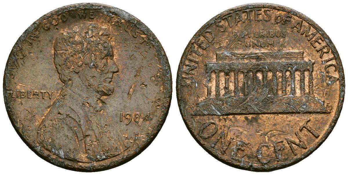 США 1 цент 1984 Линкольн KM 201b цинк плакированный медью 4136-255