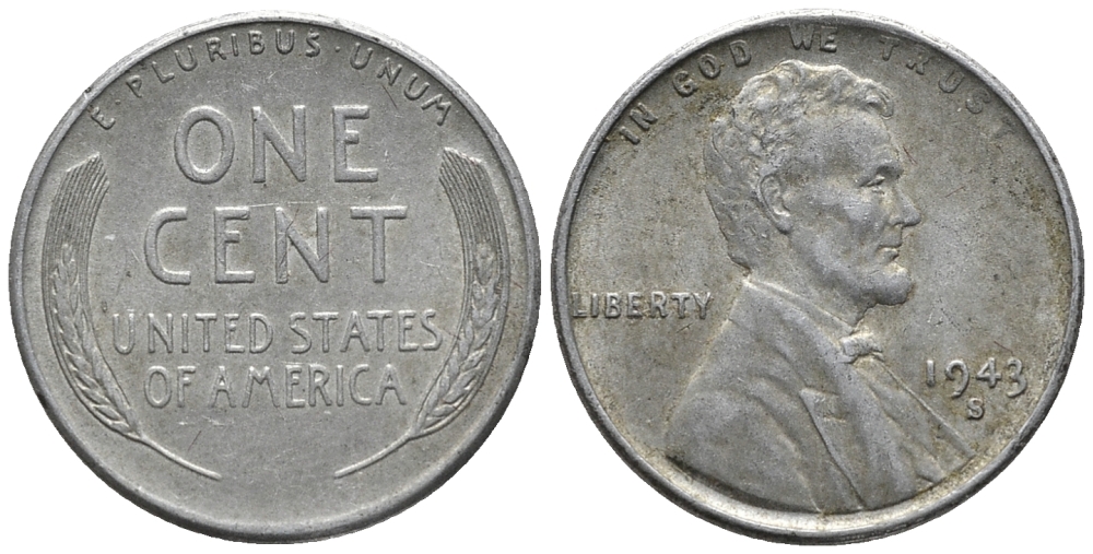 США 1 цент 1943 S (Сан-Франциско), Авраам Линкольн KM 132а сталь плакированная цинком 66-211