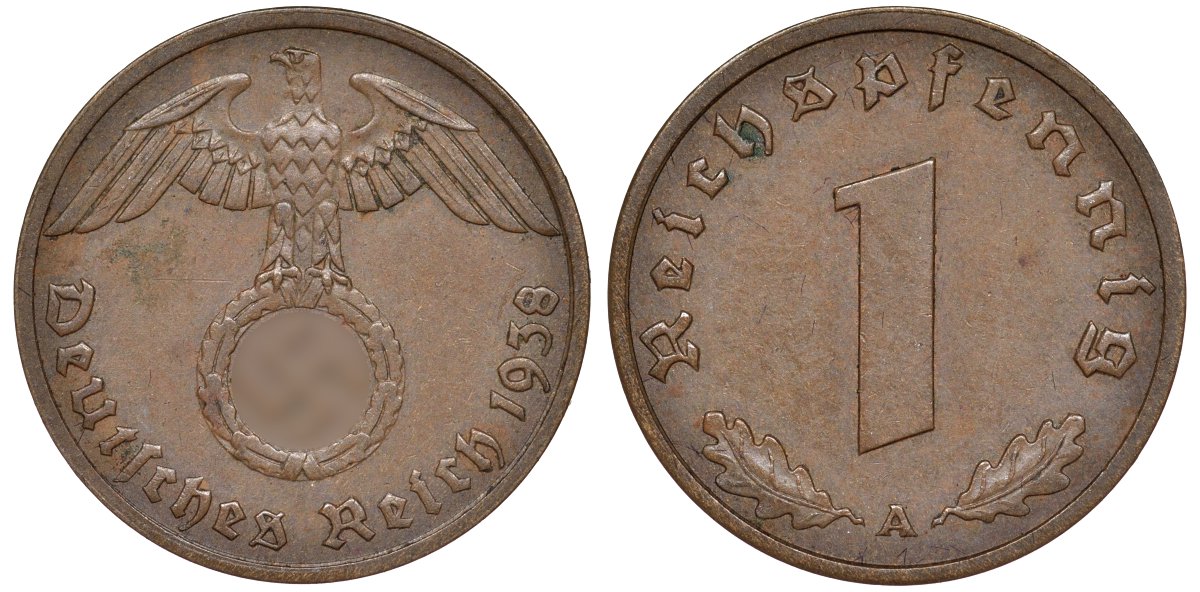 Германия 1 рейхспфенниг 1938 A - Берлин KM 89 бронза 4173-641