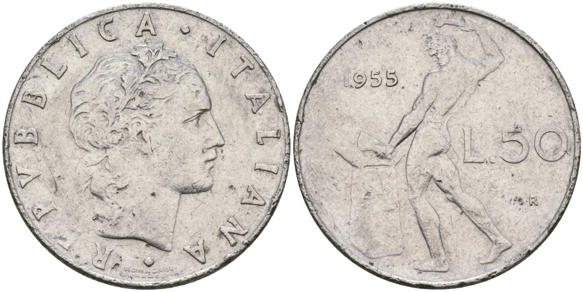 Италия 50 лир 1955 R, бог огня Вулкан у наковальни KM 95.1 нержавеющая сталь 4171-1012