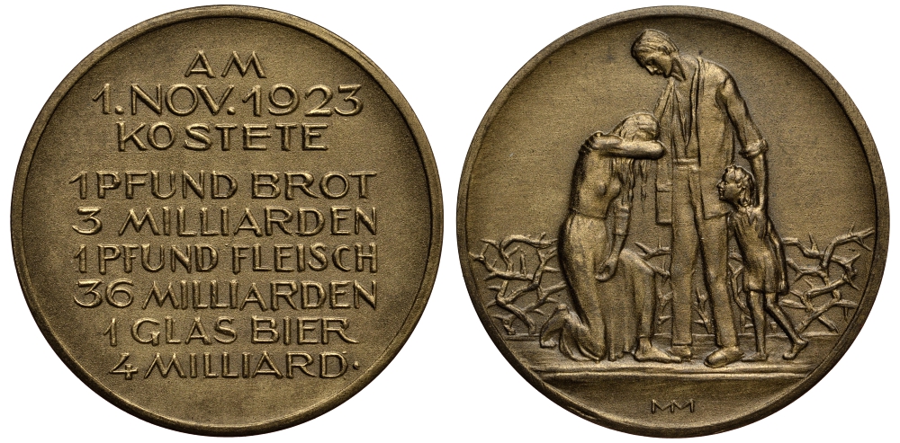 Германия медаль 1923 гиперинфляция, цены на продукты 1 ого ноября в Саксонии, 9,65 гр, 32 мм бронза 413-2932