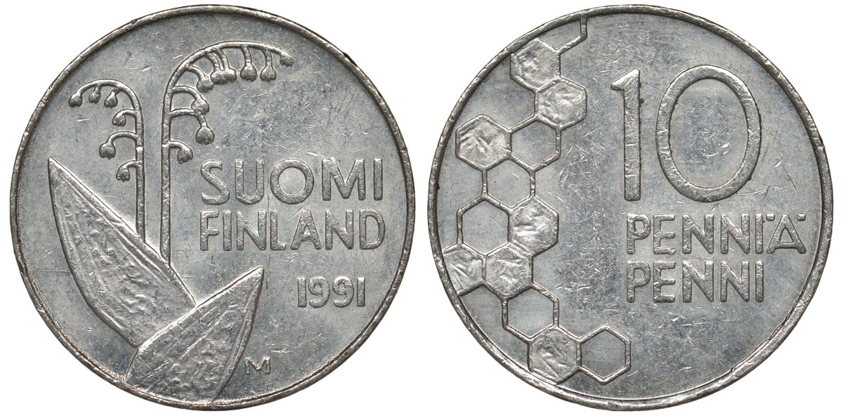 Финляндия 10 пенни 1991 KM 65 медно-никель 4124-626