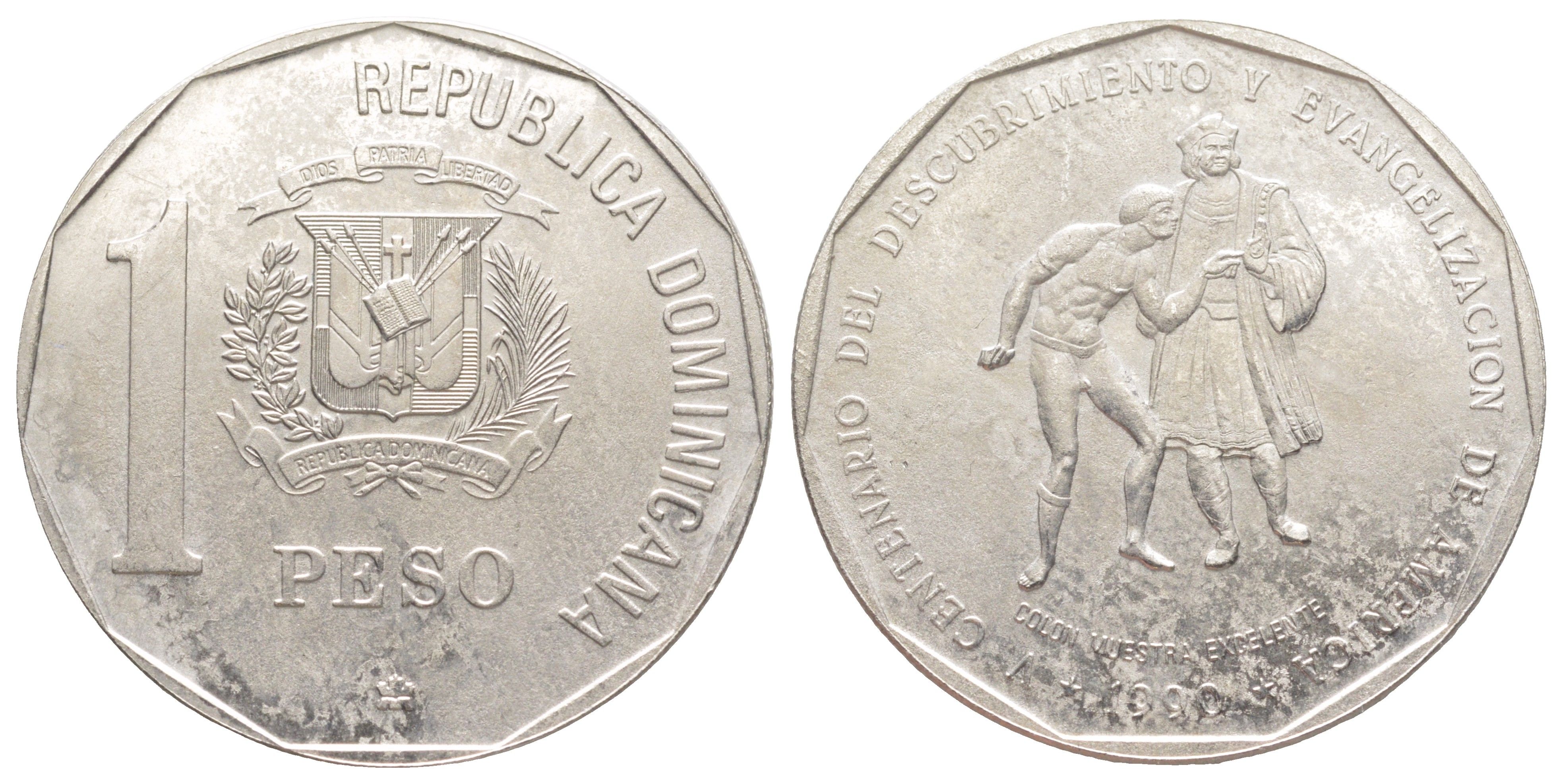 Доминиканская Республика (Доминикана) 1 песо 1990 500 лет открытию и евангелизации Америки KM 77 медно-никель BU 650-1214