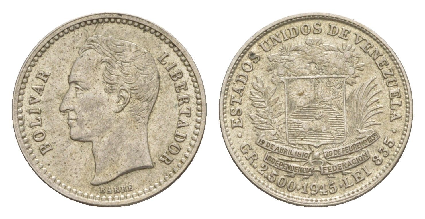 Венесуэла 1/2 боливара 1945 KM 21a серебро 1527-1034