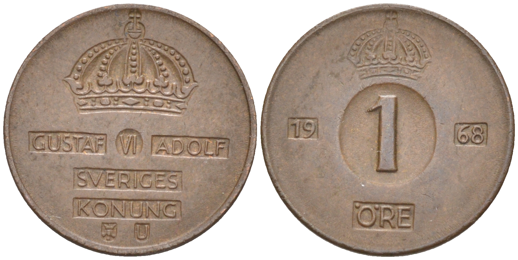 Швеция 1 эре 1968 U, Густав VI Адольф (1950-1973) KM 820 бронза 112-332