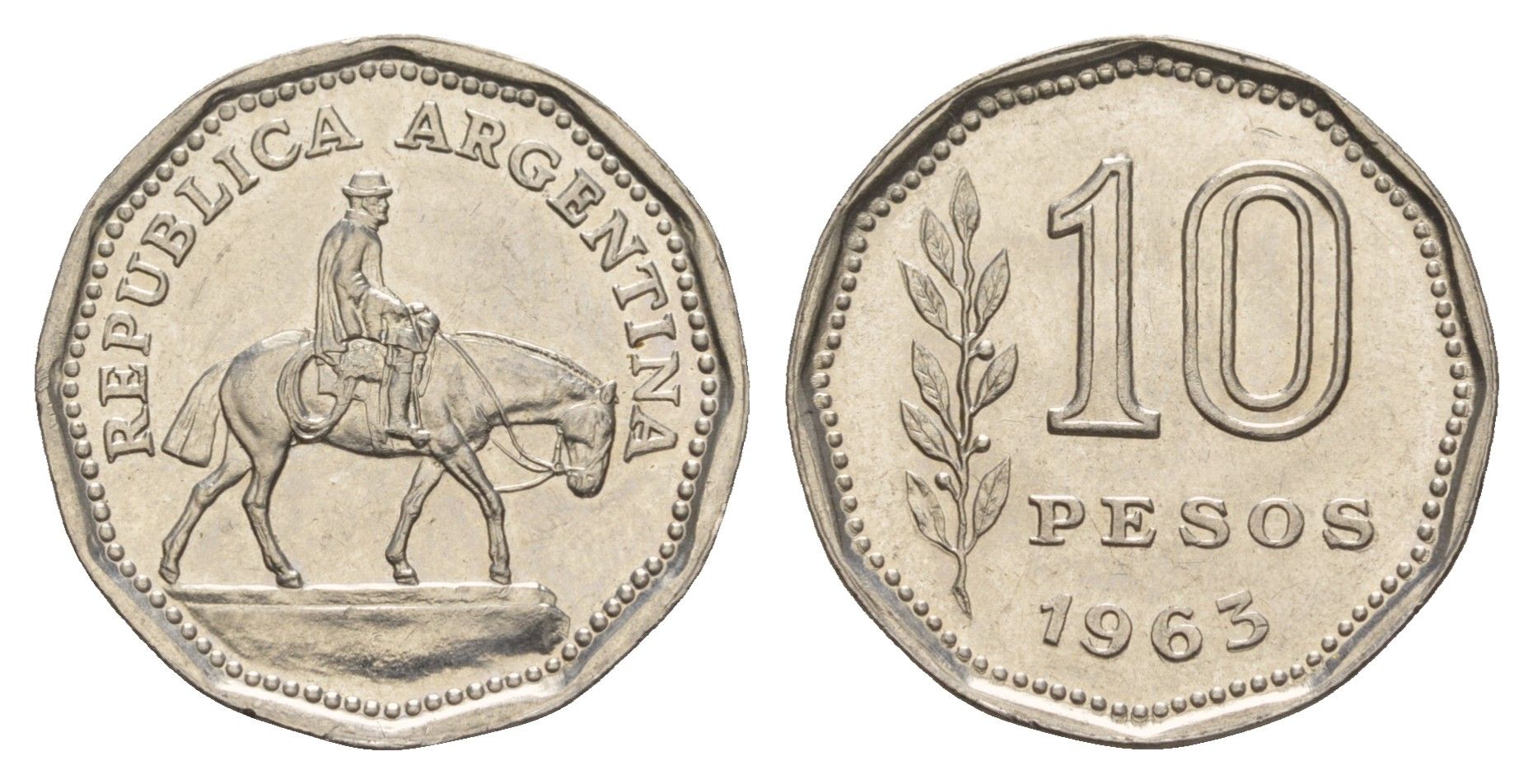 Аргентина 10 песо 1963 Гаучо KM 60 сталь плакированная никелем 4656-1141