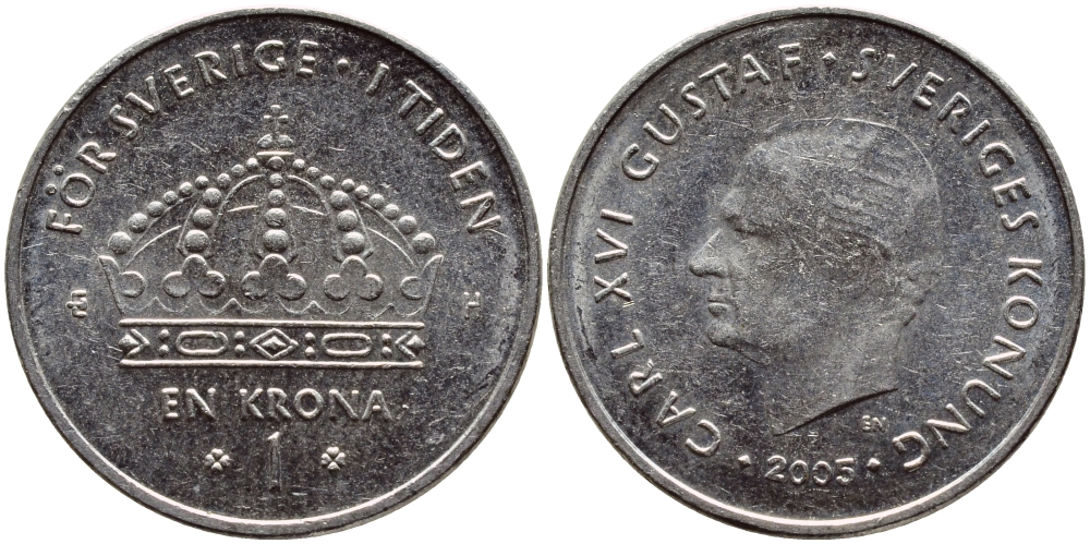 Швеция 1 крона 2005 Карл XVI Густав (1973- ) KM 894 медно-никель 4681-614